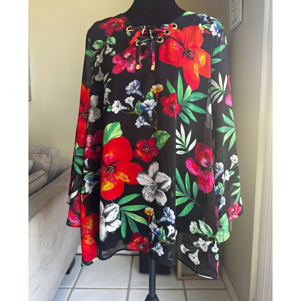 Thalia Sodi Women's XL Black Floral Chiffon Tunic Blouse 3/4 Sleeve Boho